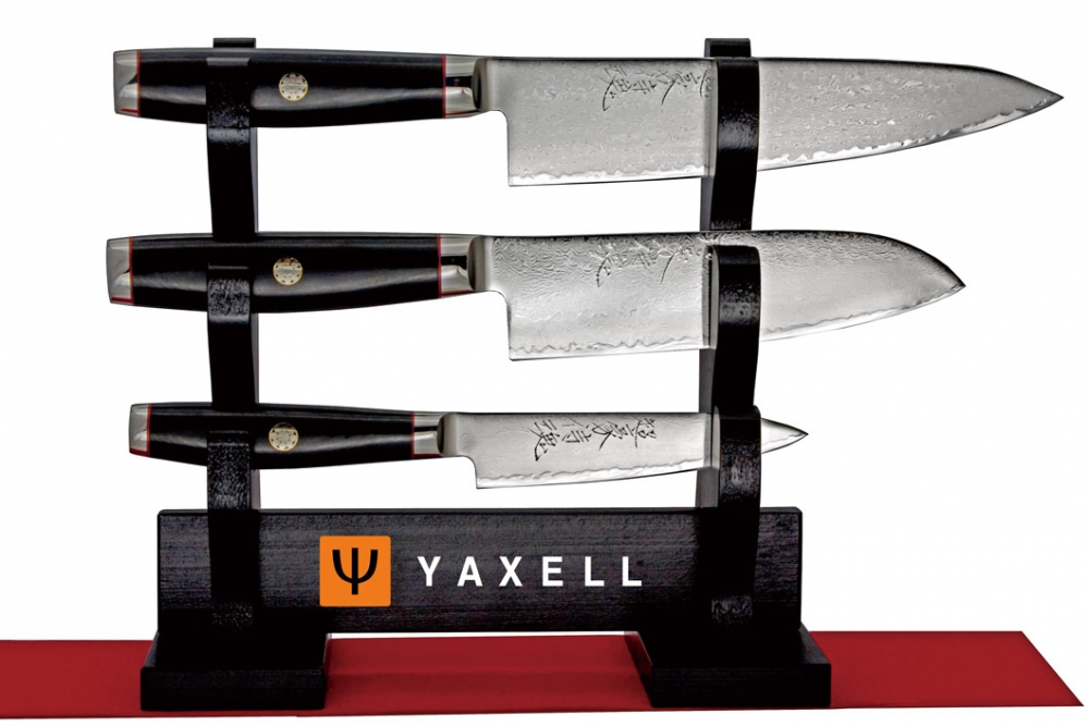 Set 3 Stück Super Gou Ypsilon Damastmesser inkl. Messerständer (dGY-Set)